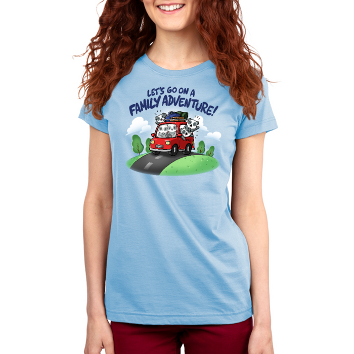 Premium Cotton T-shirt_TeeTurtle light blue Let's Go On A Family Adventure Premium Cotton T-shirt featuring the title text above a red car stuffed full of pandas and vacation gear, with the three backseat pandas leaning out the windows and yelling while the driver smiles and the passenger pouts.