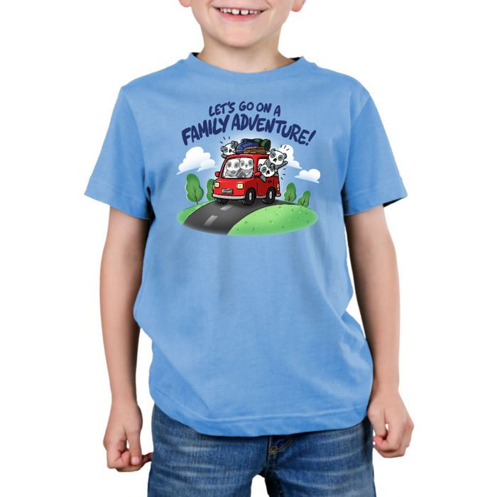 Premium Cotton T-shirt_TeeTurtle light blue Let's Go On A Family Adventure Premium Cotton T-shirt featuring the title text above a red car stuffed full of pandas and vacation gear, with the three backseat pandas leaning out the windows and yelling while the driver smiles and the passenger pouts.
