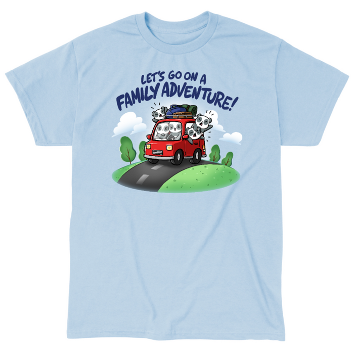 Classic Cotton T-shirt_TeeTurtle light blue Let's Go On A Family Adventure Classic Cotton T-shirt featuring the title text above a red car stuffed full of pandas and vacation gear, with the three backseat pandas leaning out the windows and yelling while the driver smiles and the passenger pouts.