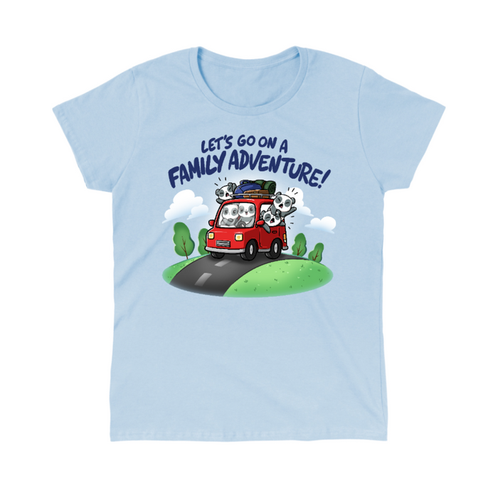 Classic Cotton T-shirt_TeeTurtle light blue Let's Go On A Family Adventure Classic Cotton T-shirt featuring the title text above a red car stuffed full of pandas and vacation gear, with the three backseat pandas leaning out the windows and yelling while the driver smiles and the passenger pouts.