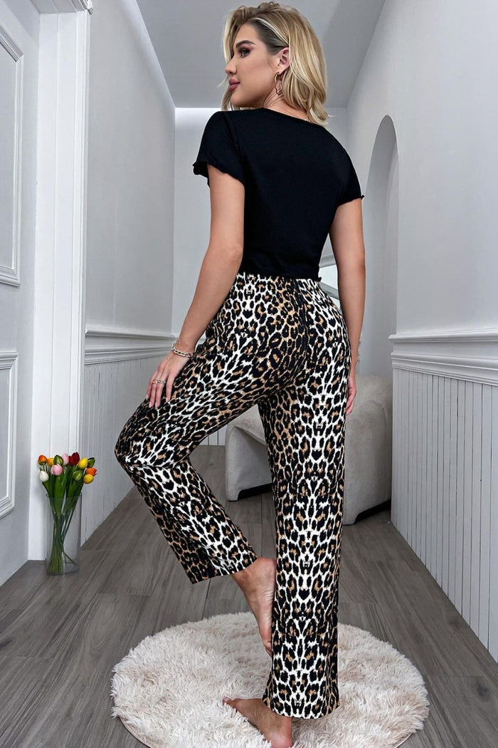 Lettuce Trim Cropped T-Shirt and Leopard Pants Lounge Set - Madikfashions.com