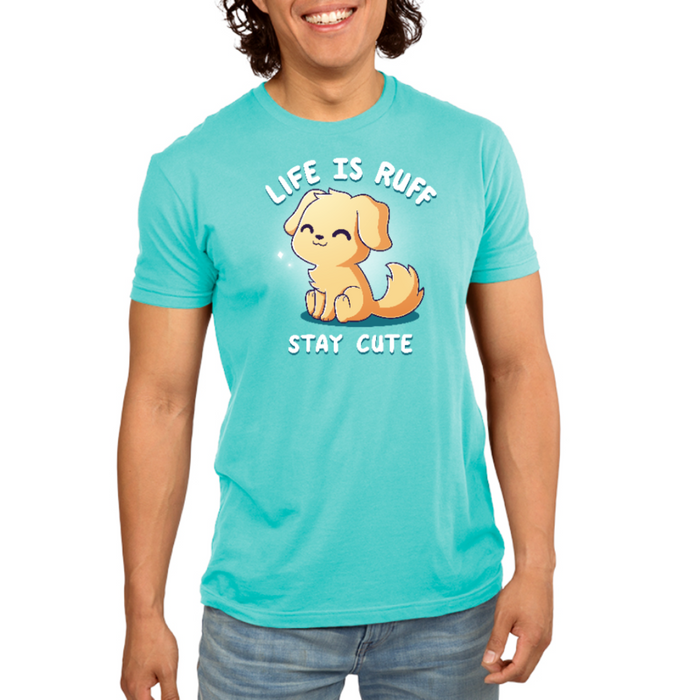Premium Cotton T-shirt_TeeTurtle caribbean blue Life is Ruff Stay Cute Premium Cotton T-shirt featuring the title text around a very cute little puppy who is smiling