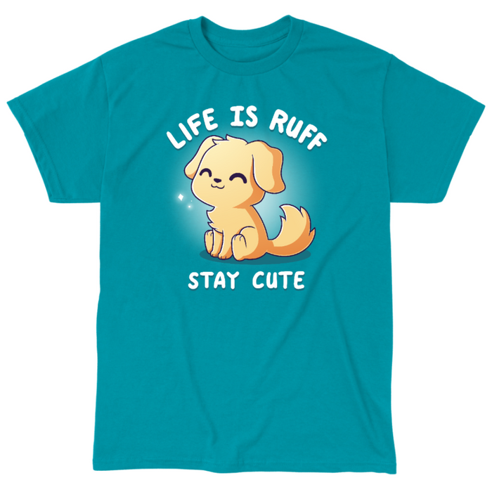 Classic Cotton T-shirt_TeeTurtle tropical blue Life is Ruff Stay Cute Classic Cotton T-shirt featuring the title text around a very cute little puppy who is smiling