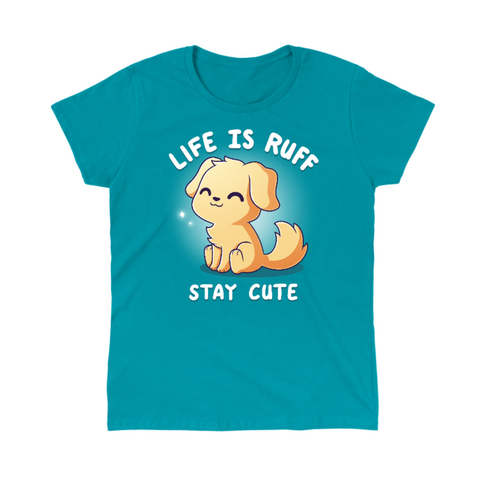 Classic Cotton T-shirt_TeeTurtle tropical blue Life is Ruff Stay Cute Classic Cotton T-shirt featuring the title text around a very cute little puppy who is smiling