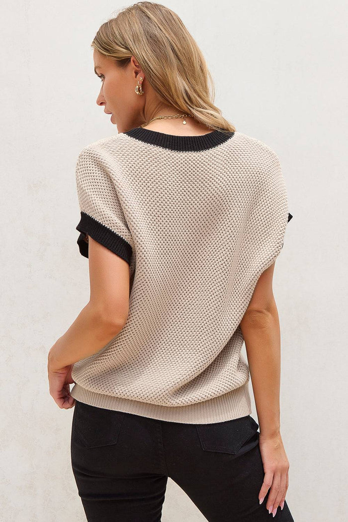 Light French Beige Contrast Trim Round Neck Batwing Sleeve Sweater Top - Sweaters & Cardigans/Short