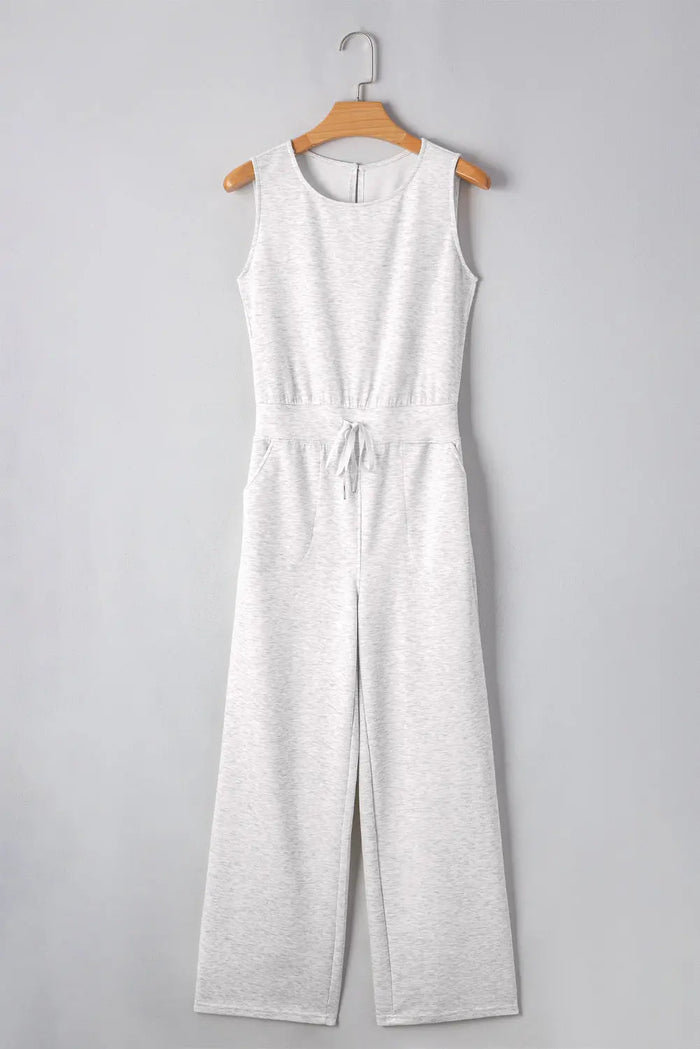 Light Grey Solid Colour Crew Neck Drawstring High Waist Sleeveless Jumpsuit - S / 50% Polyester + 45% Viscose + 5%