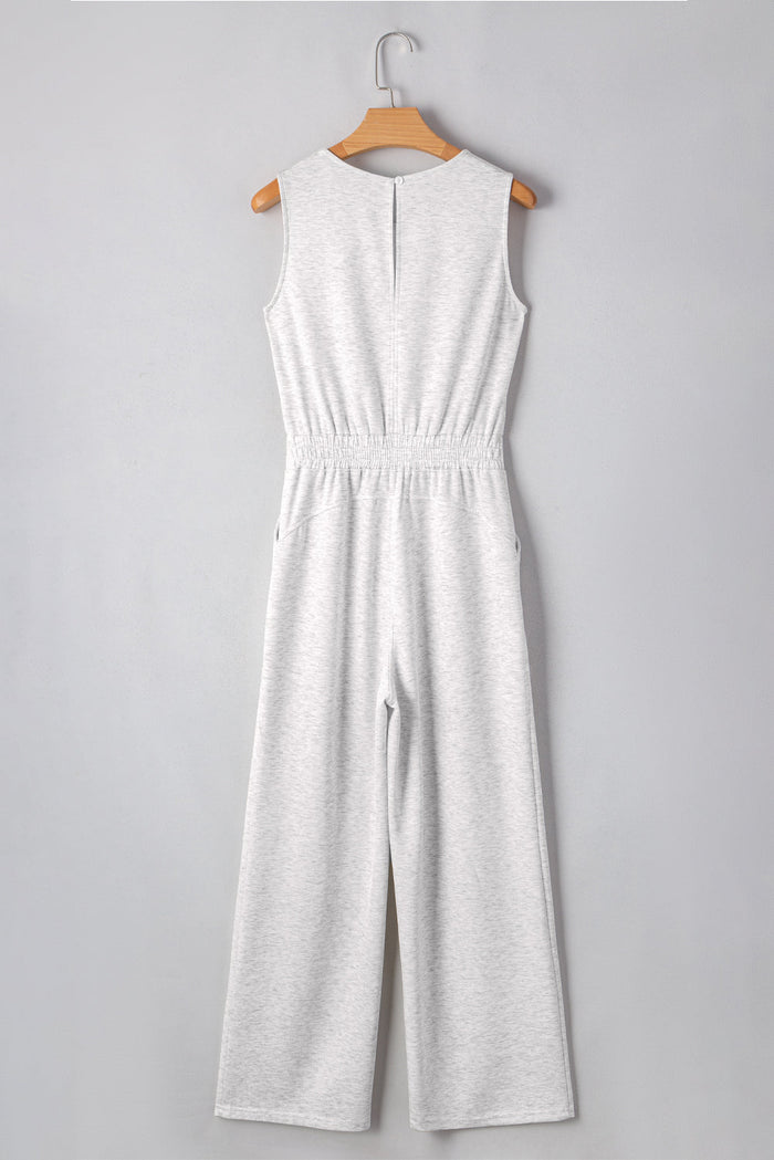 Light Grey Solid Colour Crew Neck Drawstring High Waist Sleeveless Jumpsuit - Bottoms/Jumpsuits & Rompers