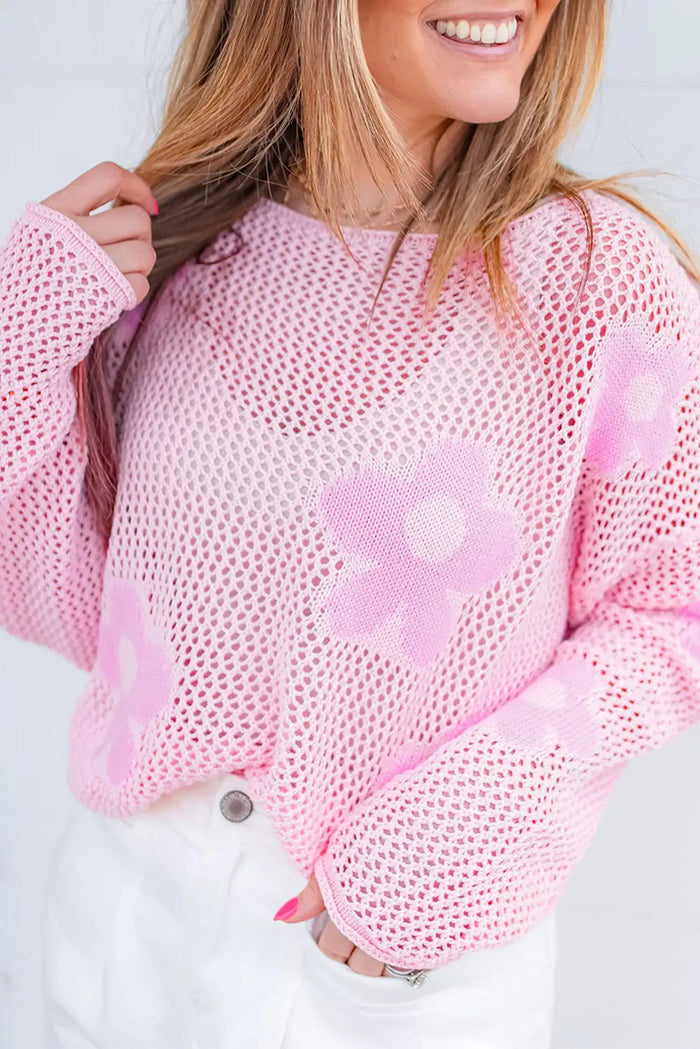 Light Pink Big Flower Hollowed Knit Drop Shoulder Sweater - Sweaters & Cardigans/Sweaters