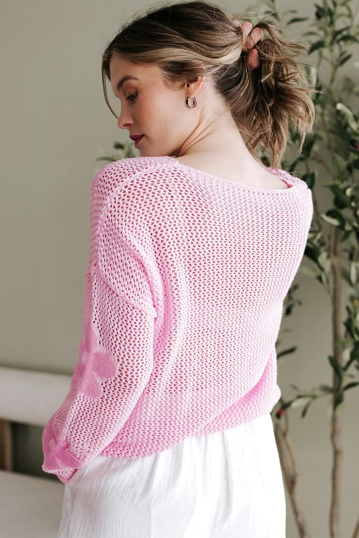 Light Pink Big Flower Hollowed Knit Drop Shoulder Sweater - Sweaters & Cardigans/Sweaters