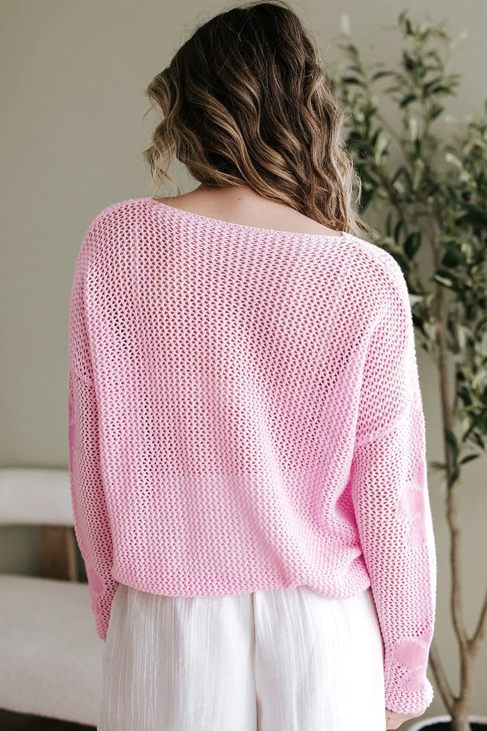 Light Pink Big Flower Hollowed Knit Drop Shoulder Sweater - Sweaters & Cardigans/Sweaters