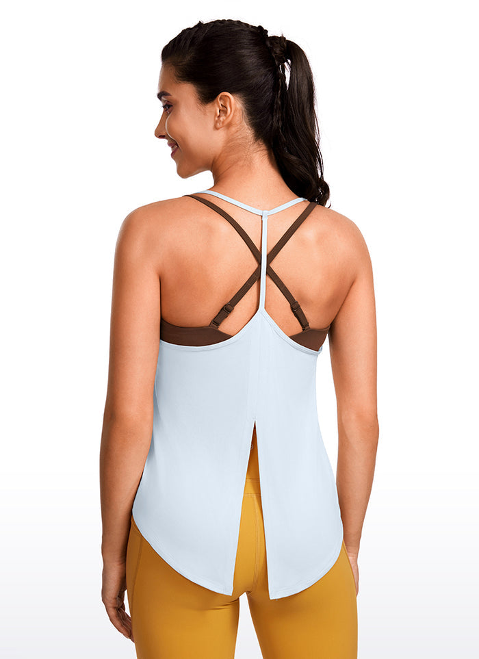 CRZ YOGA Women's Yoga Lightweight Classic Fit Tops Halter Tank V Neck Blue Linen