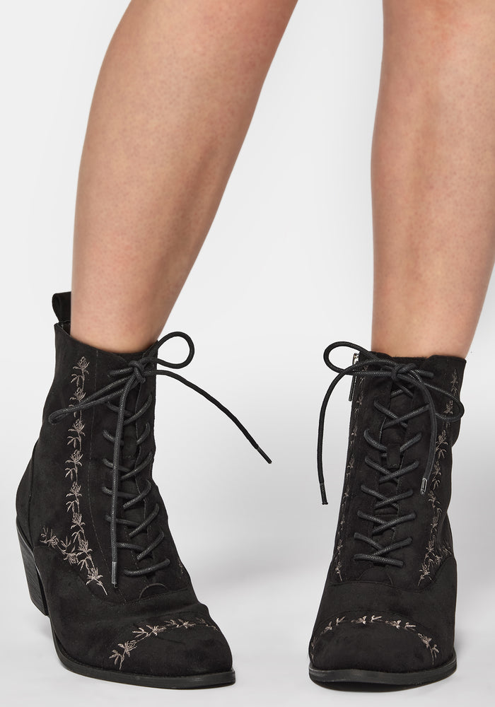 Lilith Suedette Embroidered Boots - Black