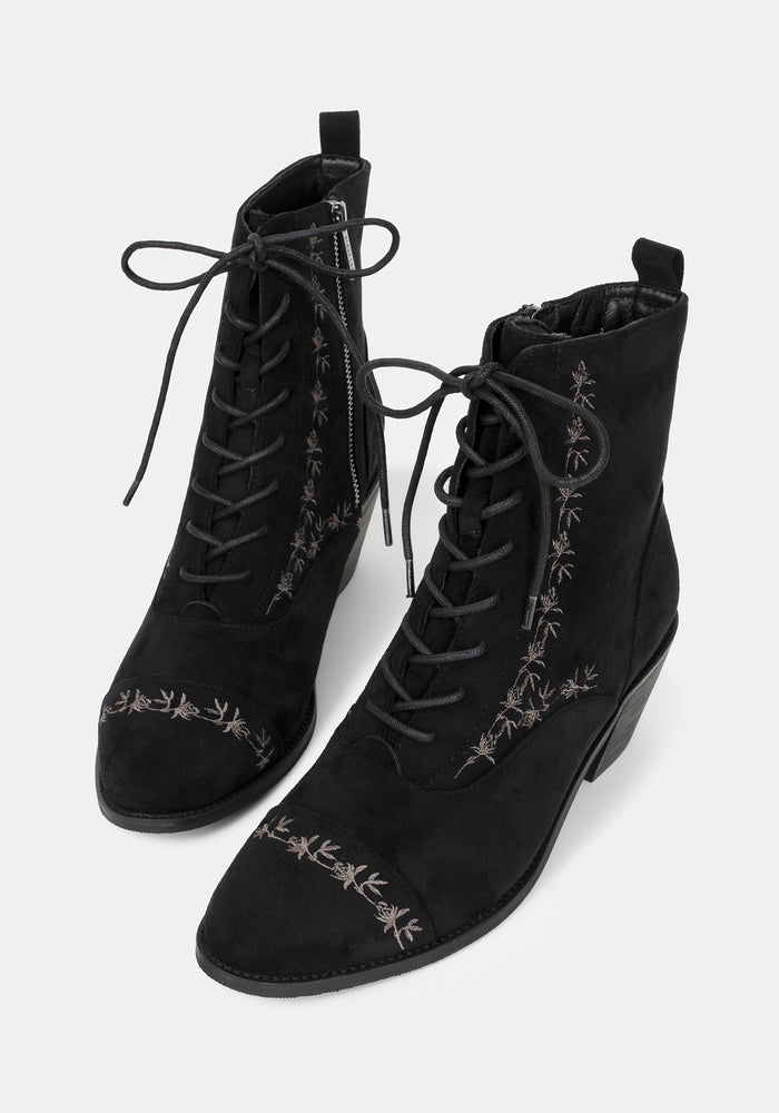 Lilith Suedette Embroidered Boots - Black