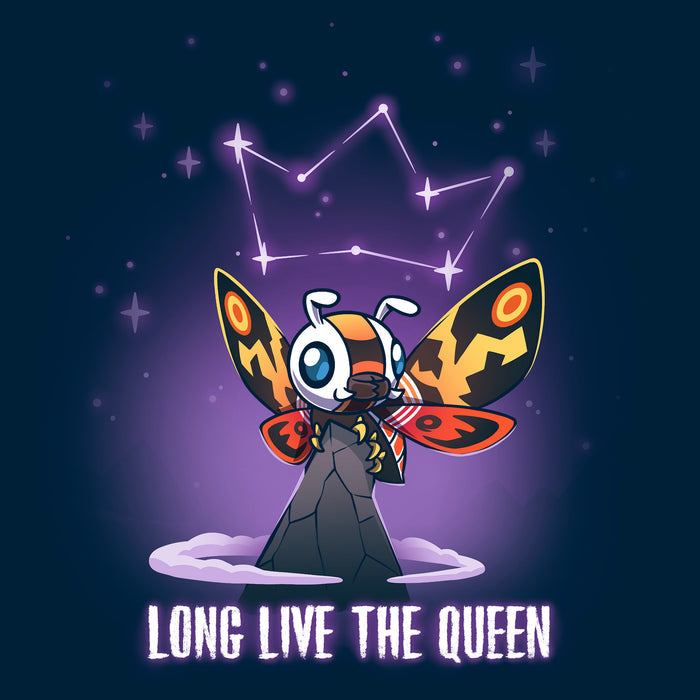 Classic Cotton T-shirt_TeeTurtle navy blue Long Live The Queen apparel featuring Mothra perched on a mountain peak with a constellation of stars forming a crown above her head, with the caption, “Long Live The Queen“ at the bottom.