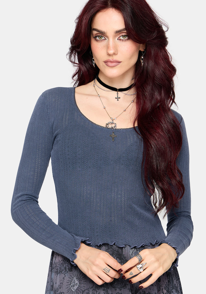 Lucera Long Sleeve Pointelle Scoop Neck Top - Blue