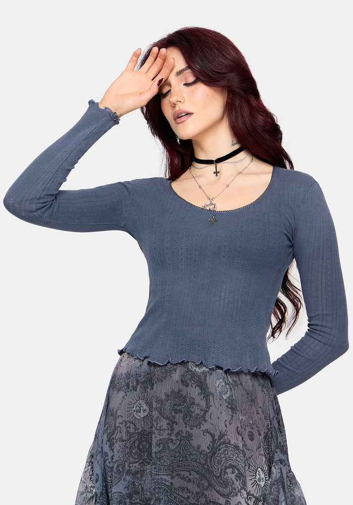 Lucera Long Sleeve Pointelle Scoop Neck Top - Blue