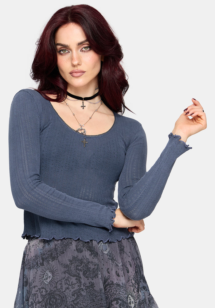 Lucera Long Sleeve Pointelle Scoop Neck Top - Blue