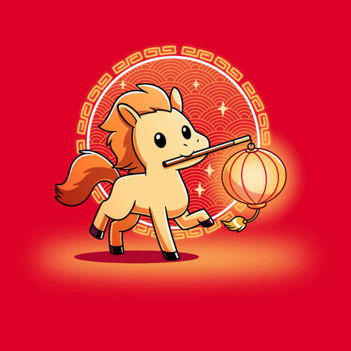 Premium Cotton T-shirt_TeeTurtle red Lunar New Year Horse apparel featuring a yellow horse with an orange mane holding a lantern on a stick in its mouth, with a background of Lunar New Year elements.