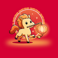 Classic Cotton T-shirt_TeeTurtle red Lunar New Year Horse apparel featuring a yellow horse with an orange mane holding a lantern on a stick in its mouth, with a background of Lunar New Year elements.