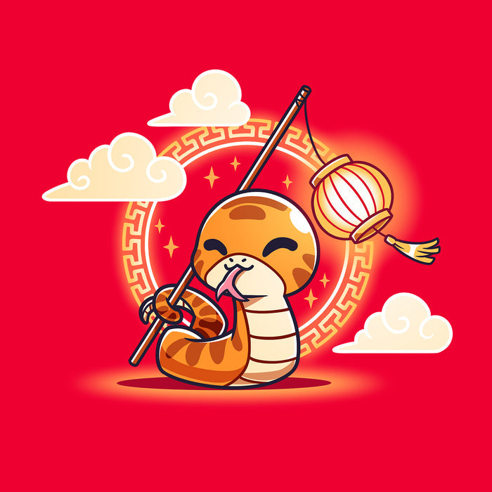 Classic Cotton T-shirt_TeeTurtle red Lunar New Year Snake apparel featuring a snake holding a stick with a lantern at the end with its tail with Lunar New Year elements in the background.