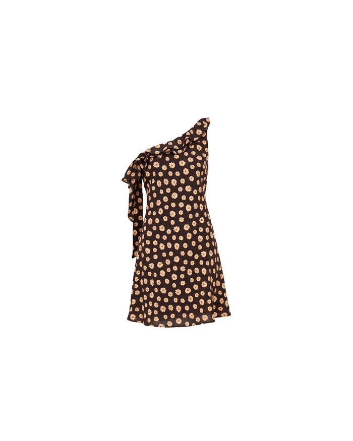 LYDIA RUFFLE MINI DRESS BROWN DITZY