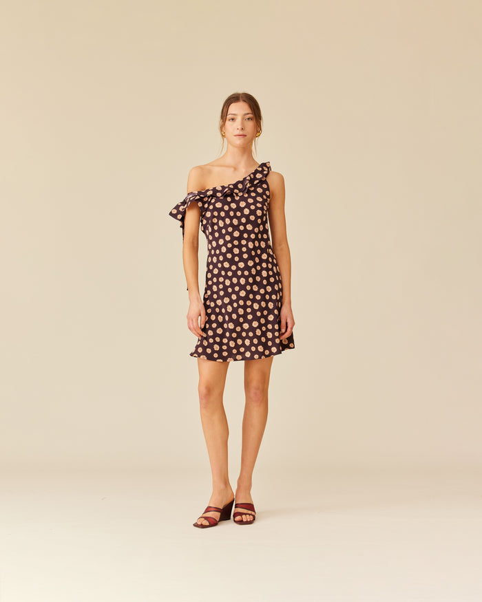 LYDIA RUFFLE MINI DRESS BROWN DITZY