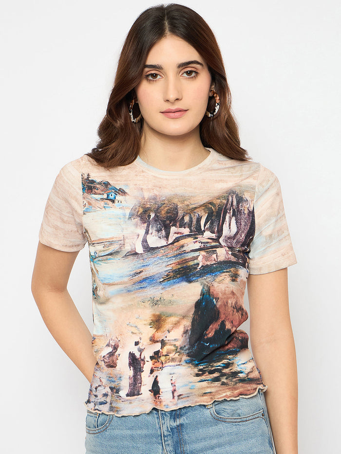 Madame Abstract Print Crew Neck Beige Top