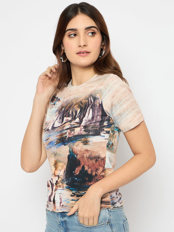 Madame Abstract Print Crew Neck Beige Top