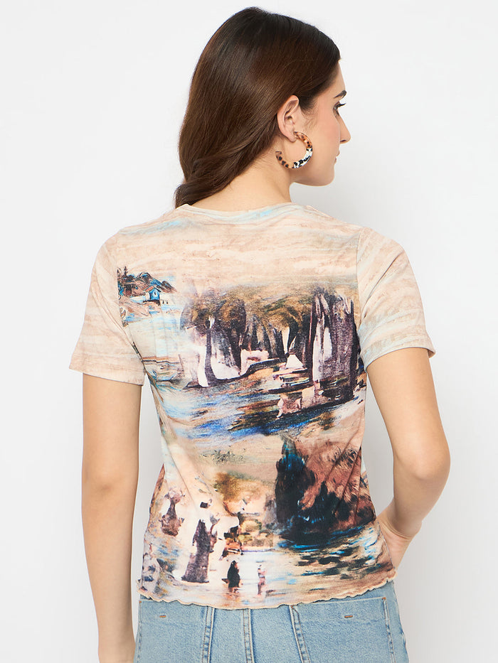 Madame Abstract Print Crew Neck Beige Top