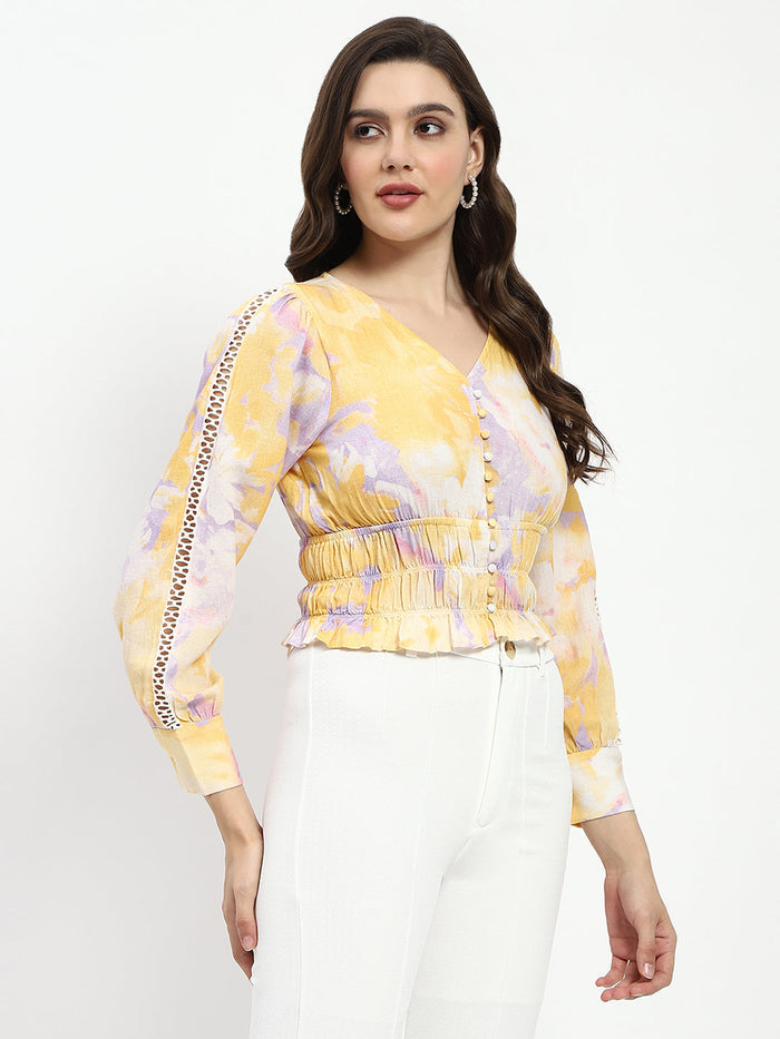 Madame Abstract Print V Neck Smocked Top