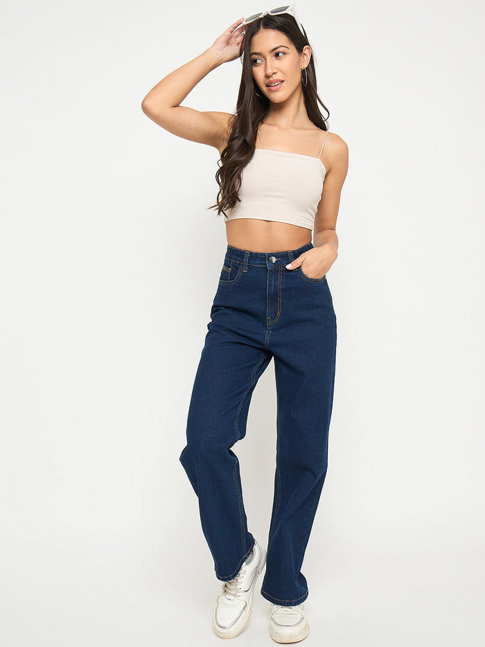 Madame Acid Wash Dark Blue Cotton Blend Straight Jeans