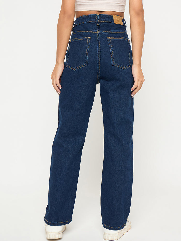 Madame Acid Wash Dark Blue Cotton Blend Straight Jeans