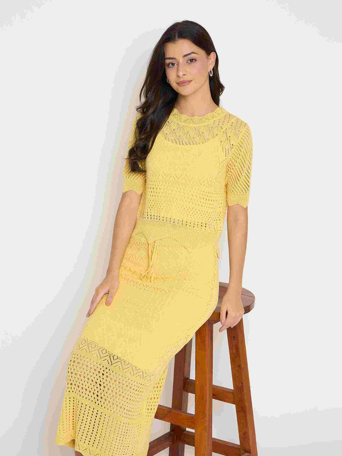 Madame Acrylic Blend Top and Skirt Yellow Knitted Co-ord Set