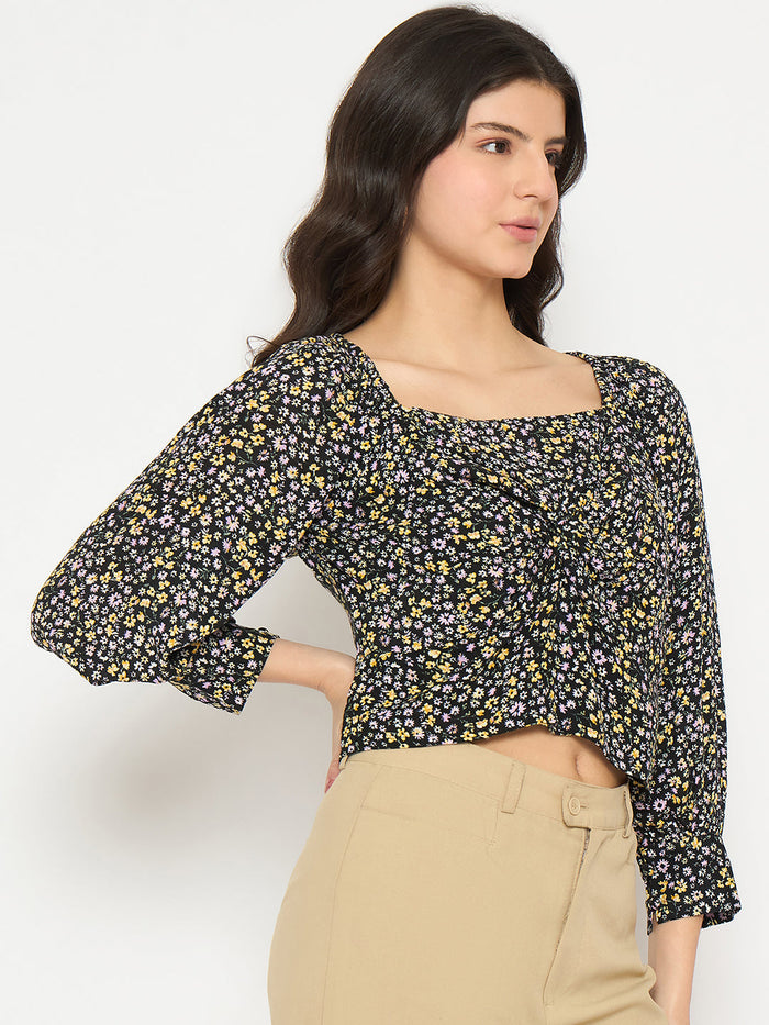 Madame All Over Print Black Crop Top