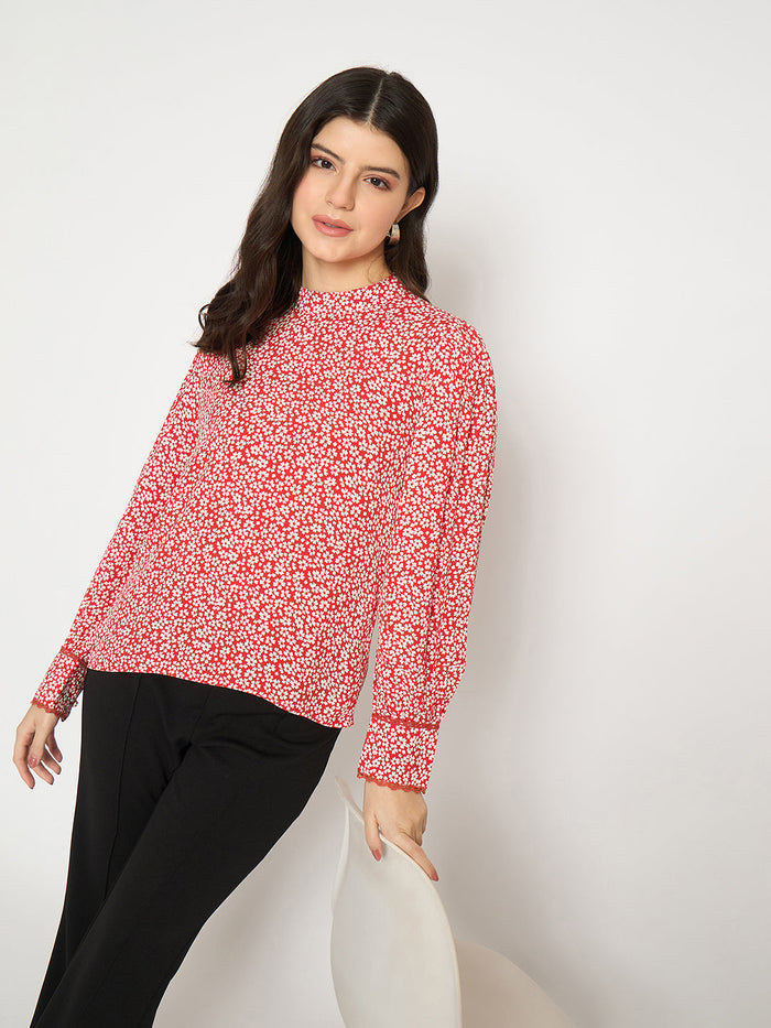 Madame All Over Print Cuff Sleeve Red Top