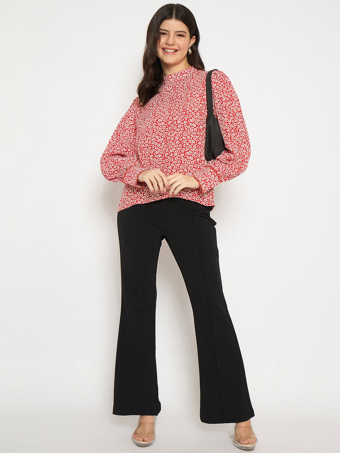 Madame All Over Print Cuff Sleeve Red Top