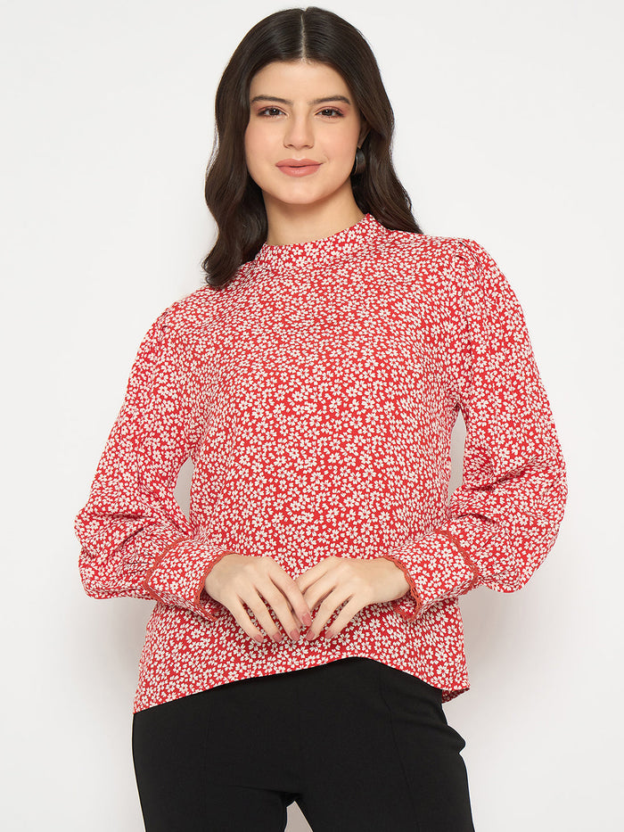 Madame All Over Print Cuff Sleeve Red Top