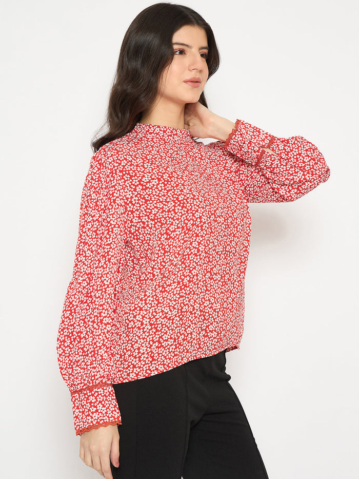 Madame All Over Print Cuff Sleeve Red Top