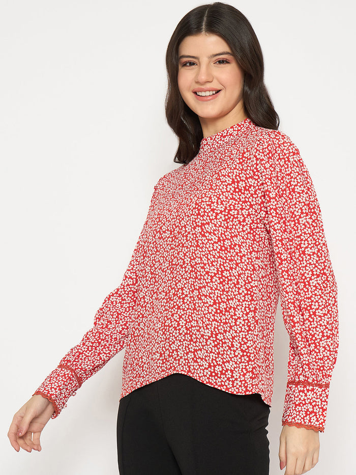 Madame All Over Print Cuff Sleeve Red Top