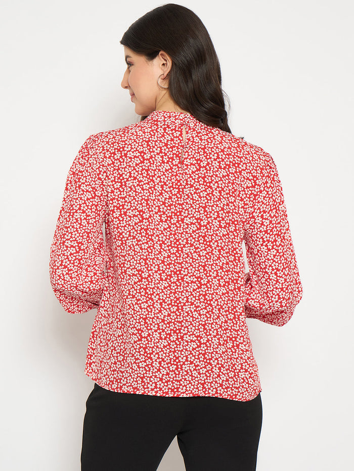 Madame All Over Print Cuff Sleeve Red Top