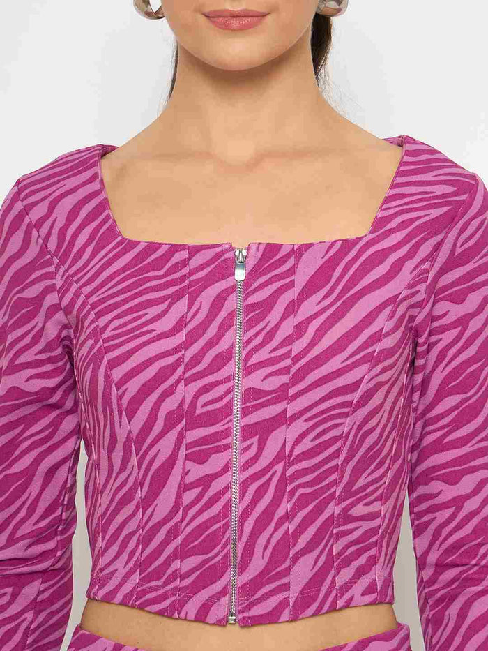 Madame Animal Print Zipped Top and Flared Bottom Pink Co-Ord Set