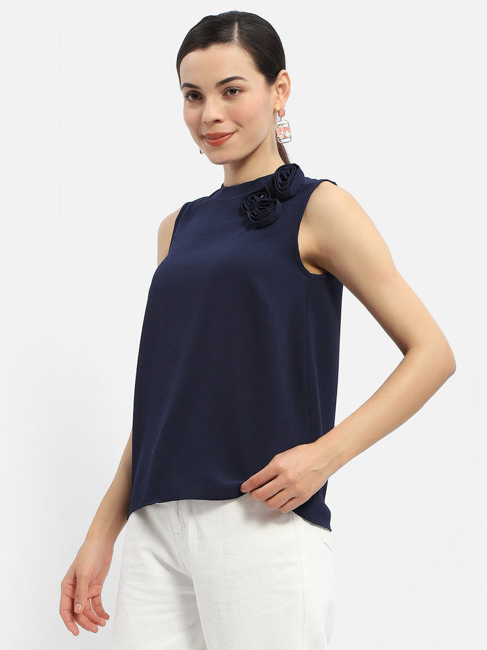 Madame Applique Adorned Navy Blue Shimmer Top