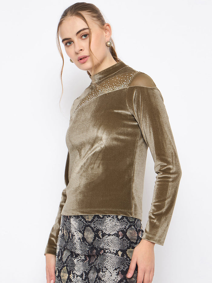 Madame Band Neck Sew Detailed Swarovski Embellished Olive Velvet Top