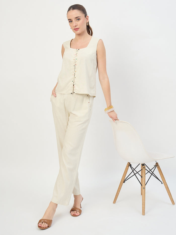 Madame Beige Rayon Linen Sleeveless Co-ord Set