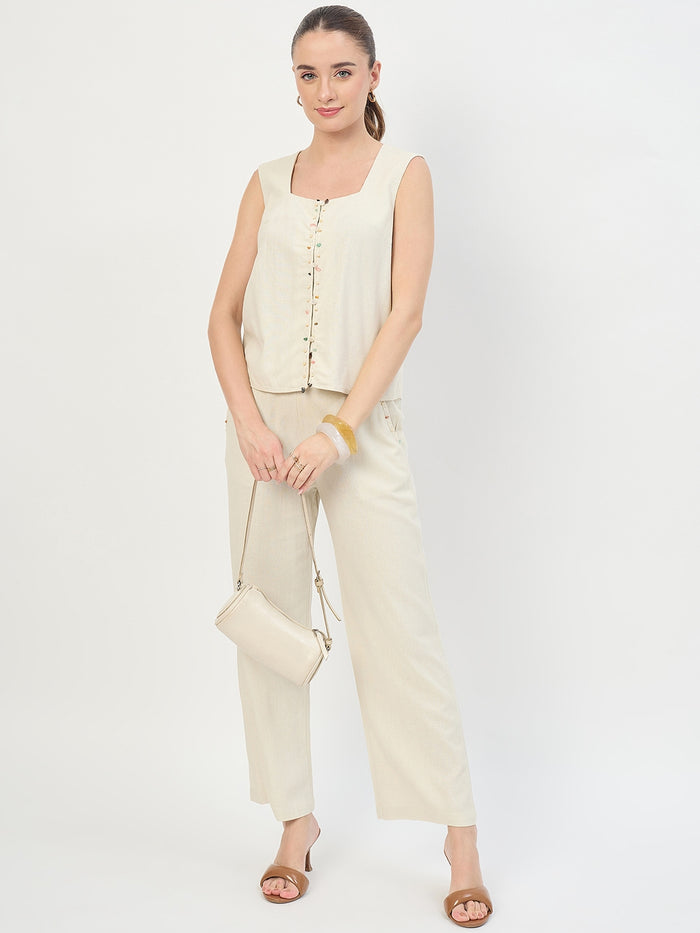 Madame Beige Rayon Linen Sleeveless Co-ord Set