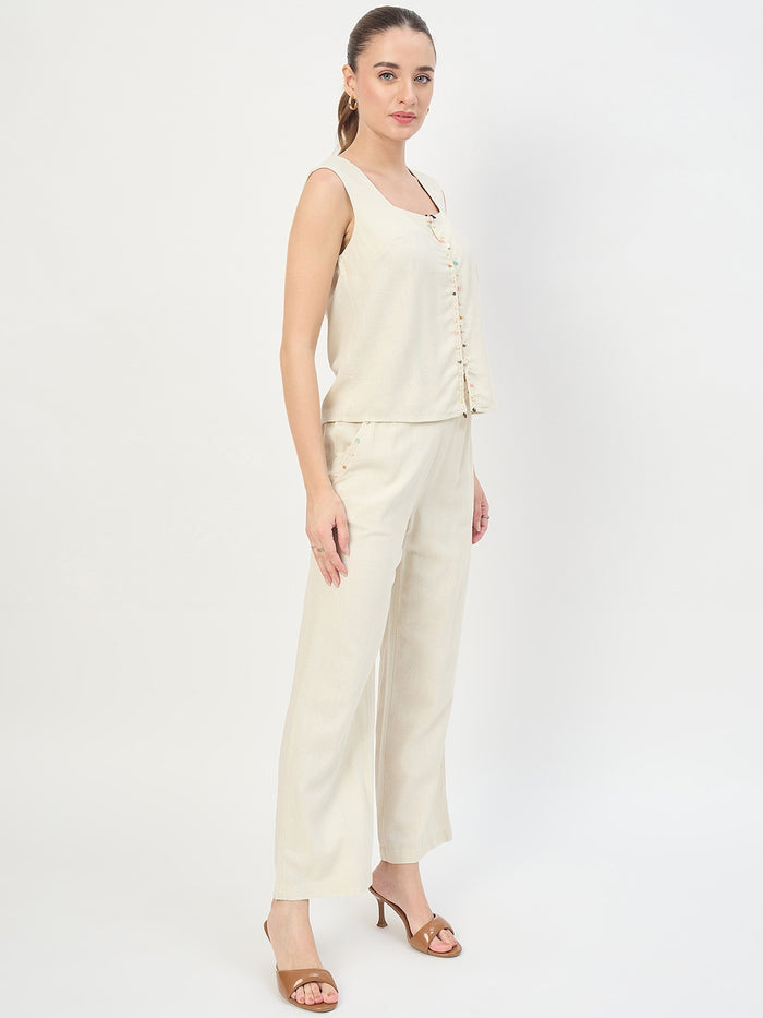 Madame Beige Rayon Linen Sleeveless Co-ord Set
