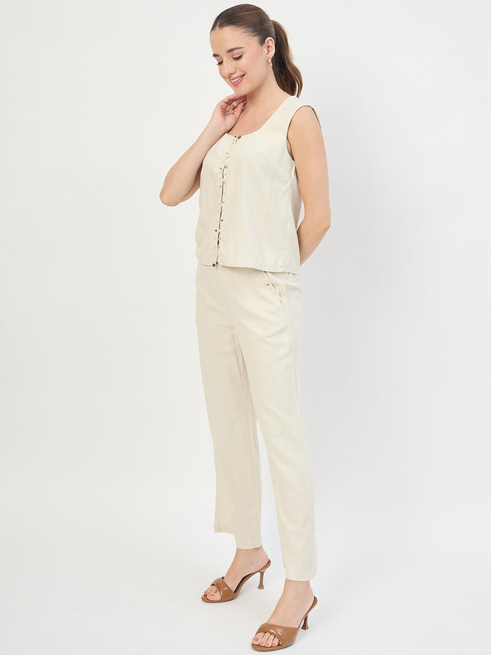 Madame Beige Rayon Linen Sleeveless Co-ord Set