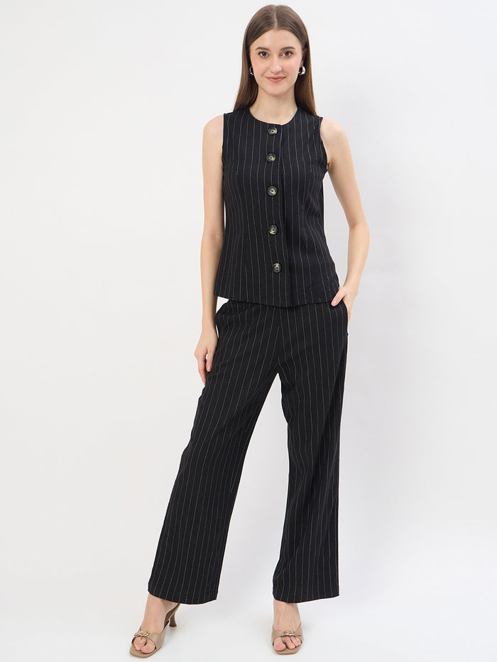 Madame Black Rayon Blend Striped Formal Co-ord Set