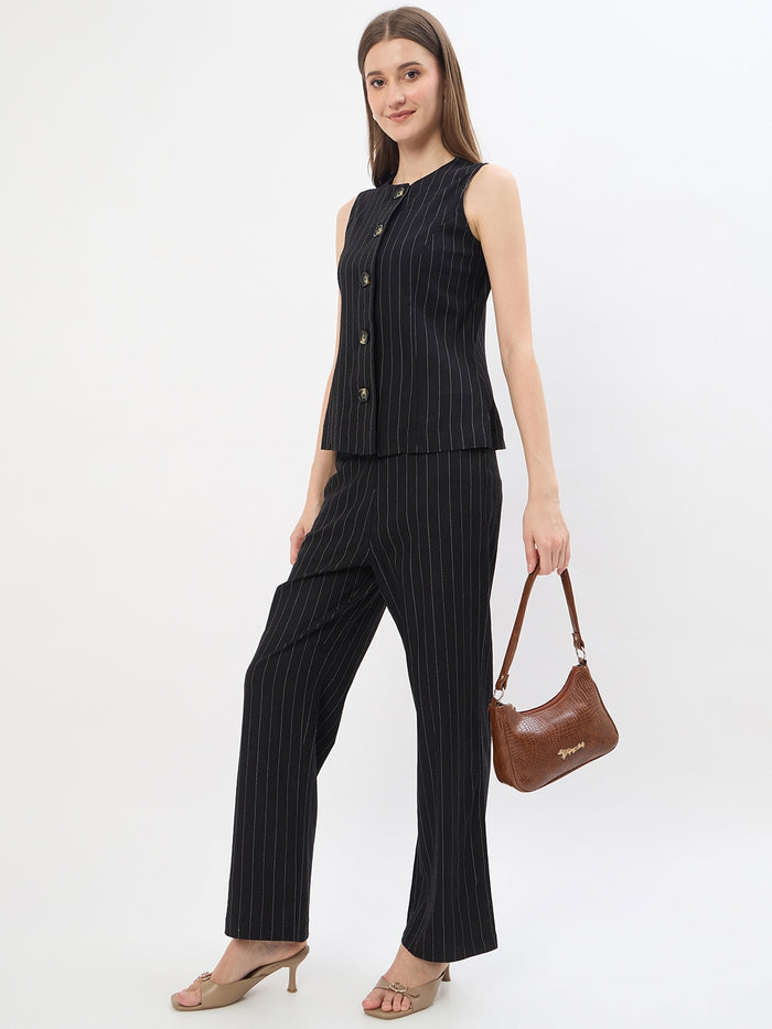 Madame Black Rayon Blend Striped Formal Co-ord Set
