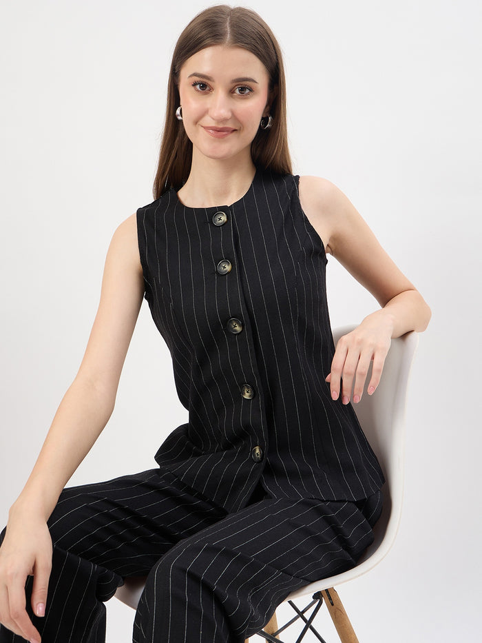 Madame Black Rayon Blend Striped Formal Co-ord Set